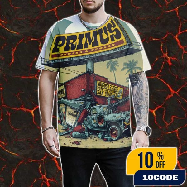Primus Onward And Upward Tour Poster Event Artwork By 1000styles Guts And Crime August 2 2025 At California Coast Credit Union Open Air Theatre San Diego 3D T-Shirt