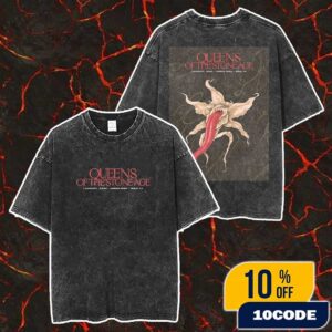 Queens Of The Stone Age The End Is Nero Tour August 1 2025 At Arena Riga Latvia Poster Event Artwork By Andre Poise Merch Unisex Two Sided Washed T-Shirt
