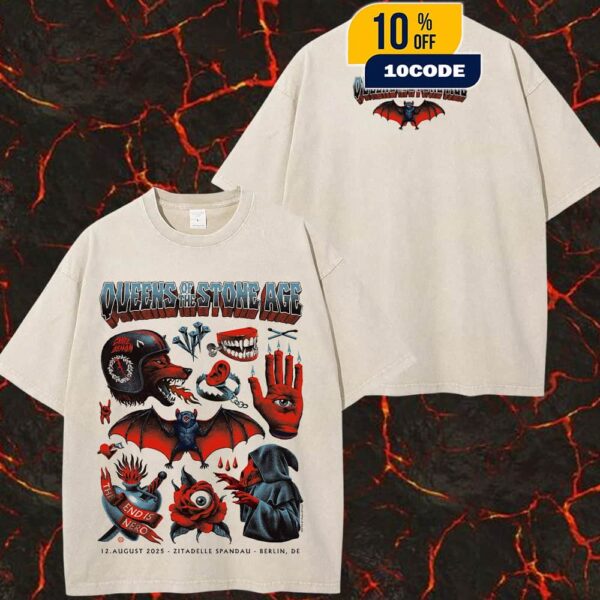 Queens Of The Stone Age The End Is Nero Tour August 12 2025 At Zitadelle Spandau Berlin DE Poster Event Artwork By Max Loffler Two Sides Washed Unisex T-Shirt