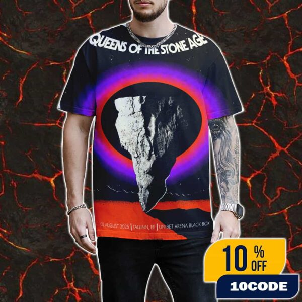 Queens Of The Stone Age The End Is Nero Tour August 2 2025 At Tallinn EE Unibet Arena Black Box Poster Event Artwork Design By Cristian Alarcon D All Over Print Graphic T-Shirt, Hoodie
