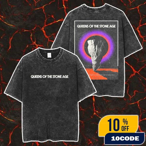 Queens Of The Stone Age The End Is Nero Tour August 2 2025 At Tallinn EE Unibet Arena Black Box Poster Event Artwork Design By Cristian Alarcon D Merch Unisex Two Sided Washed T-Shirt