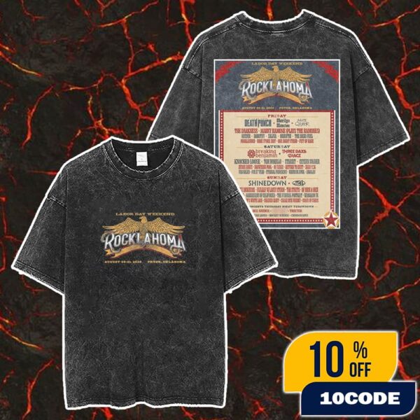 Rocklahoma 2025 Labor Day Weekend August 29-31 2025 At Pryor Oklahoma Rockin’ Red Drit Ranch Catch The Fever Music Festival Grounds Poster Lineup Merch Unisex Two Sided Washed T-Shirt