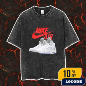 The 2026 White Metallic Air Jordan 5 Nike Air Branding Sneaker Nike Swoosh Logo Vintage Washed Unisex T-Shirt