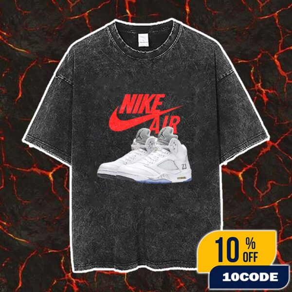 The 2026 White Metallic Air Jordan 5 Nike Air Branding Sneaker Nike Swoosh Logo Vintage Washed Unisex T-Shirt