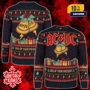 AC/DC Christmas Ugly Sweater Lock Up Your Presents Bells Gifts Snowflake Holiday Winter Jumper For Rock Fans
