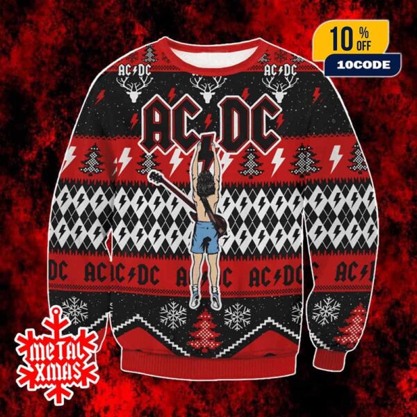 AC/DC Ugly Christmas Sweater Angus Young Guitar Festive Knit Holiday Jumper