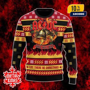 AC/DC Ugly Sweater Jingle Hells Bells Christmas Jumper Festive Knit With Fire And Snowflake Pattern