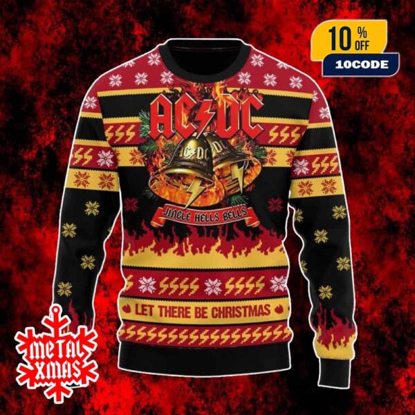 AC/DC Ugly Sweater Jingle Hells Bells Christmas Jumper Festive Knit With Fire And Snowflake Pattern