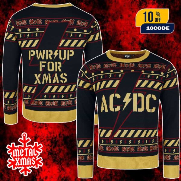 AC/DC Ugly Sweater Power Up For Xmas Christmas Jumper Black Gold Knitted Winter Holiday Sweatshirt With Lightning Bolt Stripes Festive Band Merch