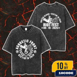 Agnostic Front At Riot Fest 2025 Douglass Park Chicago Illinois On September 19 2025 United Blood Victim In Pain Album Artwork Merch Limited Merch Unisex Two Sided Washed T-Shirt