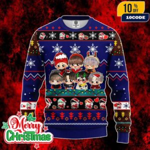 BTS Chibi Ugly Christmas Sweater Blue Knit Holiday Jumper with Cartoon Kpop Band Snowflake Santa and Gift Pattern