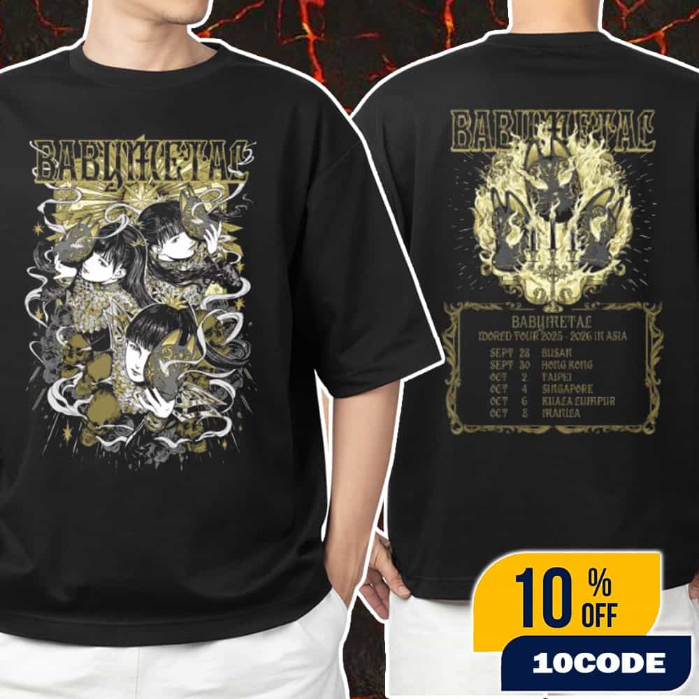 Babymetal World Tour 2025-2026 In Asia Busan International Rock Festival Merchandise Kon Kon Event Tee With Tour Dates Backprint Unisex T-Shirt Merchandise Babymetal World Tour 2025-2026 In Asia Busan International Rock Festival Merchandise Kon Kon Event Tee With Tour Dates Backprint Unisex T-Shirt Merchandise
