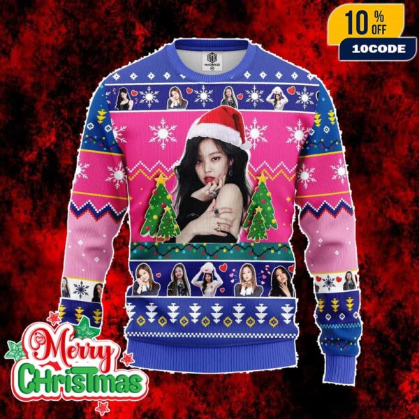 Blackpink Jennie Ugly Christmas Sweater Pink Blue Knit Holiday Jumper With Santa Hat Snowflake And Christmas Tree Design
