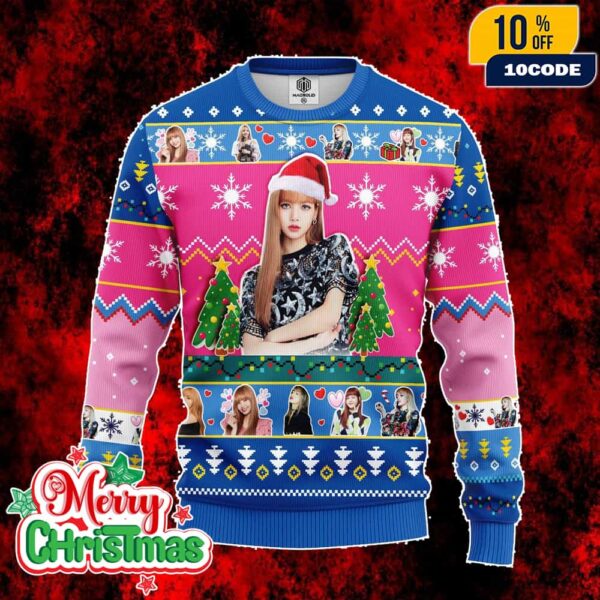Blackpink Lisa Ugly Christmas Sweater Pink Blue Knit Holiday Jumper With Santa Hat Snowflake And Christmas Tree Design