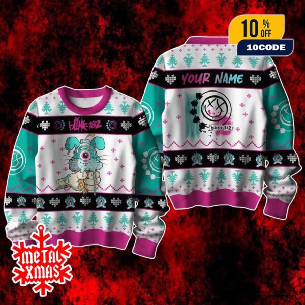 Blink-182 Christmas Jumper Novelty Ugly Sweater Knitted In Teal And Pink Featuring Logo And Ice Cream Graphic