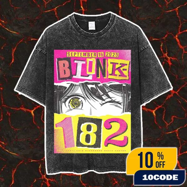 Blink-182 Concert Poster At Riverbend Music Center Cincinnati Ohio On September 16 2025 Missionanry Impossible Tour With Alkaline Trio x Drug Church Artwork By Acorn Washed T-Shirt
