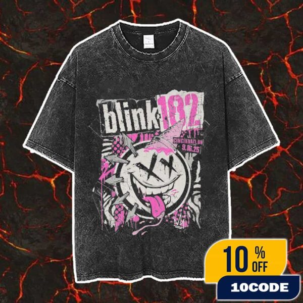 Blink-182 Concert Tee At Riverbend Music Center Cincinnati Ohio On September 16 2025 Missionanry Impossible Tour With Alkaline Trio x Drug Church Artwork By Kyle Crawford Washed T-Shirt