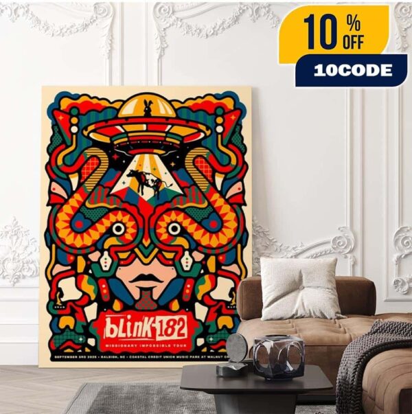 Blink-182 Missionary Impossible Tour 2025 Raleigh North Carolina Poster In RALEIGH NC At Coastal Credit Union Music Park At Walnut Creek On September 3rd 2025 Home Decor