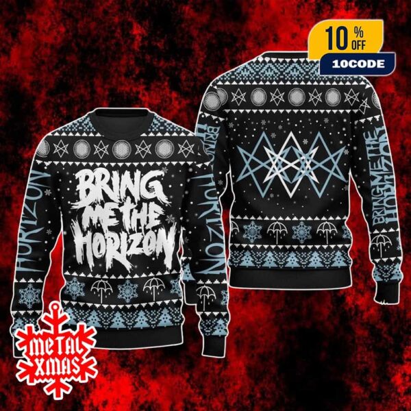 Bring Me The Horizon Xmas Ugly Sweater Festive Band Knit With Blue Snowflake Patterns And Magic Circle Design