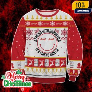 Budweiser Ugly Christmas Sweater Red White Knit Pullover With Beer Can Pattern A Friend With Budweiser Holiday Party Jumper