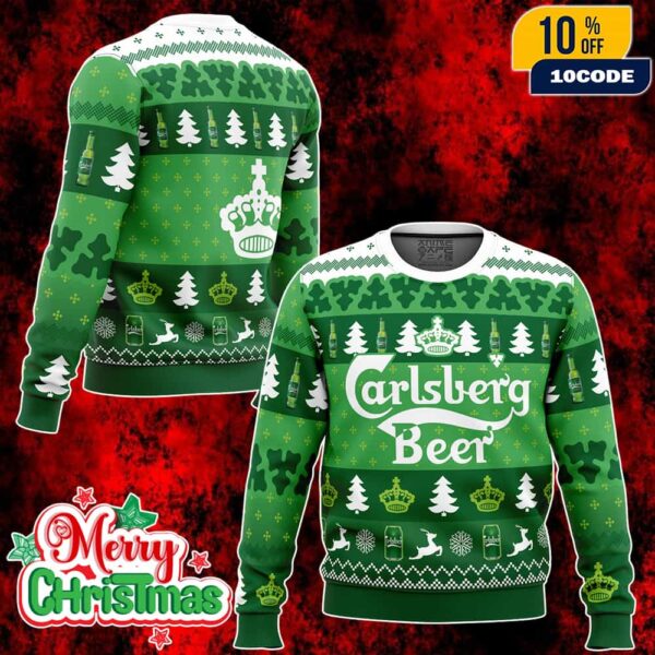 Carlsberg Beer Ugly Christmas Sweater Green Knit Holiday Party Jumper with Bottle Print Reindeer and Snowflake Design
