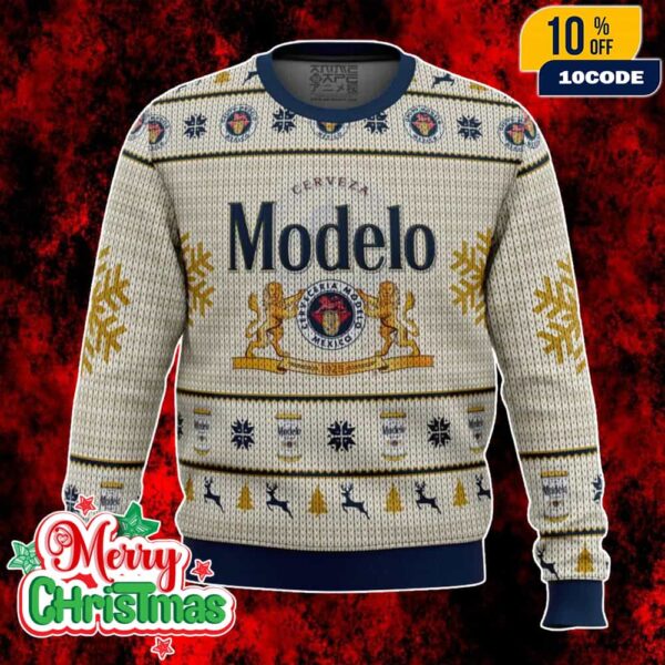 Cerveza Modelo Ugly Christmas Sweater Beige Gold Knit Holiday Jumper With Beer Logo Lion Crest Snowflake And Bottle Pattern