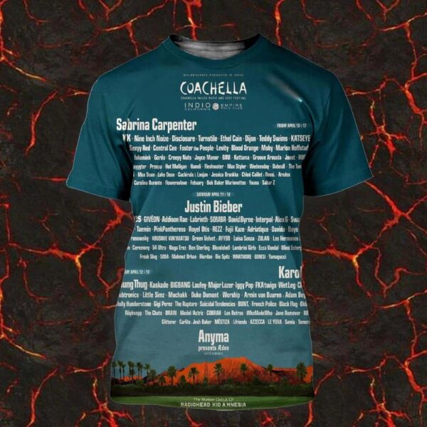 Coachella 2026 Indio California Lineup At Empire Polp Club On April with Sabrina Carpenter, Justin Bieber, Karol G and Anyma All Over Print Unisex T-Shirt