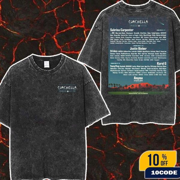 Coachella 2026 Indio California Lineup At Empire Polp Club On April with Sabrina Carpenter, Justin Bieber, Karol G and Anyma Wash T-Shirt