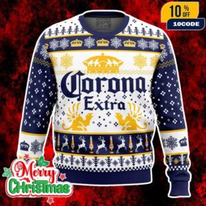 Corona Extra Beer Ugly Christmas Sweater Blue And Gold Knit Pullover Holiday Outfit