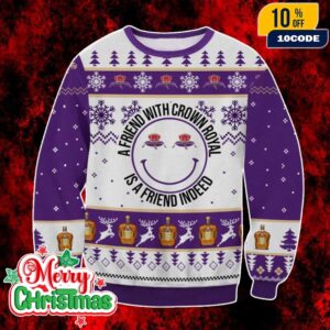 Crown Royal Ugly Christmas Sweater Purple Knit Pullover With Whiskey Bottle Pattern A Friend With Crown Royal Holiday Party Jumper