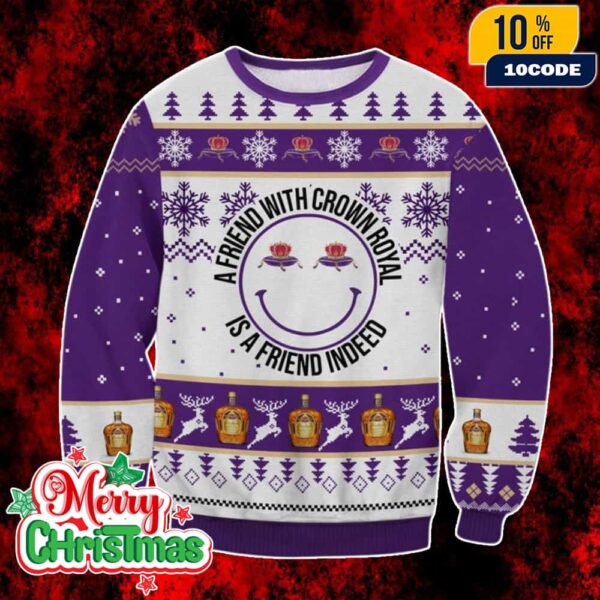 Crown Royal Ugly Christmas Sweater Purple Knit Pullover With Whiskey Bottle Pattern A Friend With Crown Royal Holiday Party Jumper