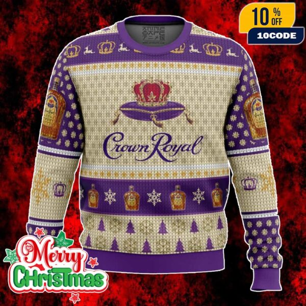 Crown Royal Whiskey Ugly Christmas Sweater Purple Gold Knit Holiday Jumper With Bottle Print Crown Logo Snowflake And Tree Pattern