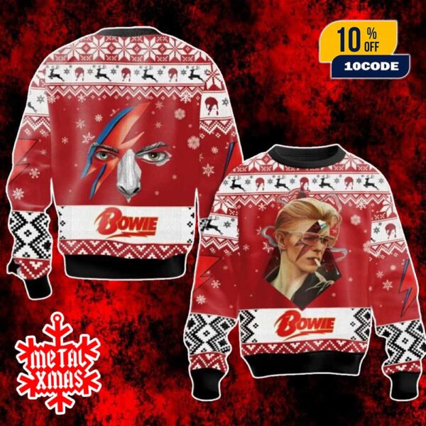 David Bowie Face Ugly Christmas Sweater Retro Rock Aladdin Sane Lightning Bolt Holiday Gift