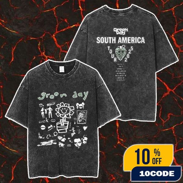 Green Day South America 2025 Tour August 24-September 15 2025 The Saviors Tour Argentina Show At Huracan Stadium Buenos Aires Tour Dates Backprint Merch Unisex Two Sided Washed T-Shirt