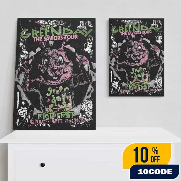 Green Day The Saviors Tour At Riot Fest 2025 September 21 2025 At Douglass Park Chicago Punk Bunny Artwork By Edgar Jimenez Poster Canvas