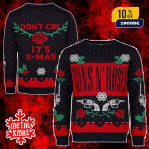 Guns N’ Roses Ugly Sweater Christmas Jumper Holiday Sweater Don’t Cry It’s Xmas Knit Black Red Green Rose Holly Snowflake Pattern For Family Gifts