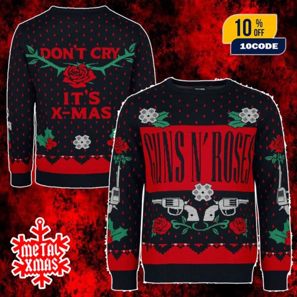 Guns N’ Roses Ugly Sweater Christmas Jumper Holiday Sweater Don’t Cry It’s Xmas Knit Black Red Green Rose Holly Snowflake Pattern For Family Gifts