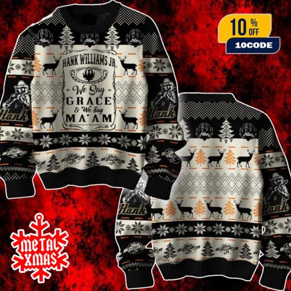 Hank Williams Jr We Say Grace Country Style Ugly Christmas Sweater Holiday Deer Tree Design Gift For Country Music Fans