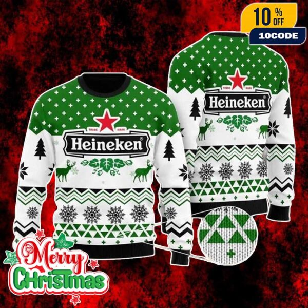 Heineken Beer Ugly Christmas Sweater Green White Holiday Knit Jumper with Red Star Logo Reindeer Tree and Snowflake Pattern