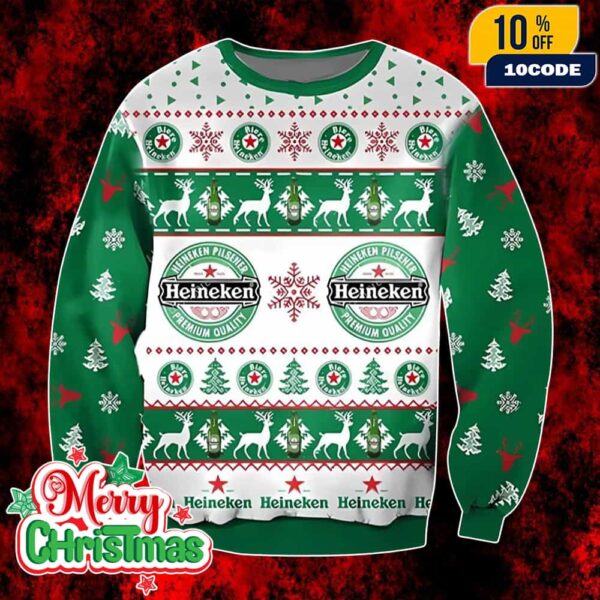 Heineken Beer Ugly Christmas Sweater Green White Knit Holiday Jumper with Logo Reindeer Snowflake and Tree Pattern