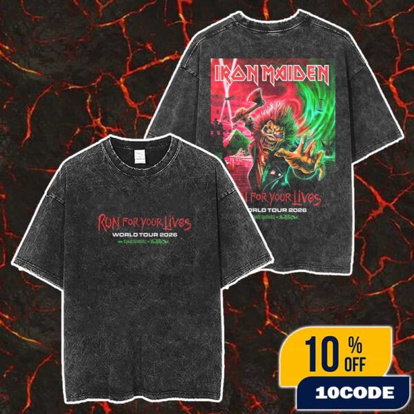 Iron Maiden Run For Your Lives World Tour 2026 Poster Eddie Artwork Fear Of The Dark Merch Unisex Two Sided Washed T-Shirt
