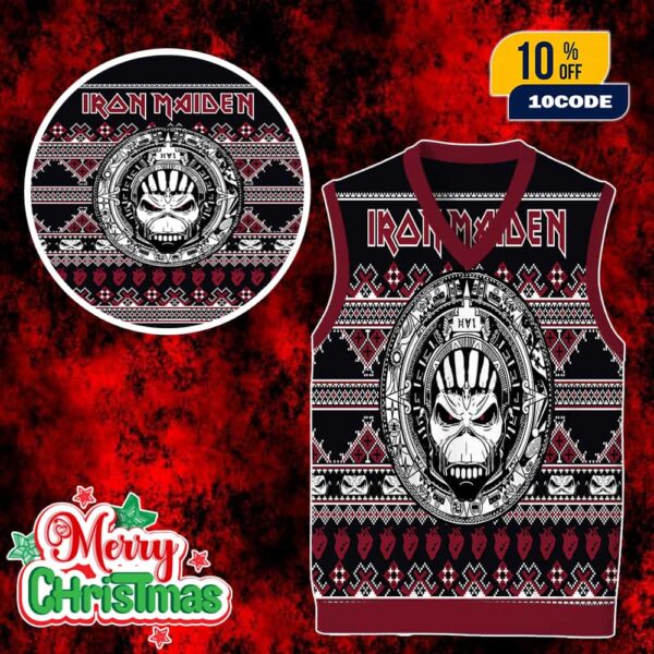 Iron Maiden Ugly Christmas Sweater Vest Heavy Metal Eddie Skull Knit Holiday Gilet Black Red Gothic Xmas Gile For Men And Women