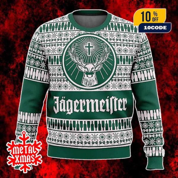 Jagermeister Ugly Sweater Green Christmas Jumper Festive Knit With Reindeer And Logo Design
