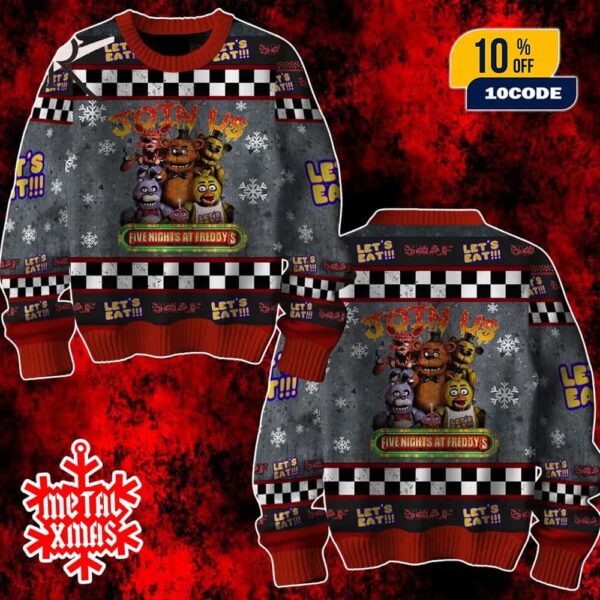 Join Us Five Nights At Freddy’s Lets Eat Ugly Christmas Sweater Holiday Knit for Gamers