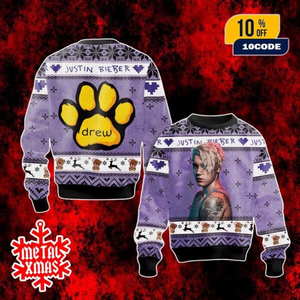 Justin Bieber Drew Ugly Christmas Sweater Purple Holiday Knit for Ugly Sweater Party