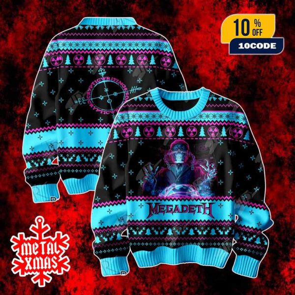 Megadeth Holiday Ugly Sweater Festive Novelty Pullover Featuring Cryptic Writings Logo And Winter Tree Pattern