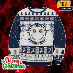 Miller Lite Ugly Christmas Sweater Navy Blue Knit Pullover With Beer Can Pattern A Friend With Miller Lite Holiday Party Jumper