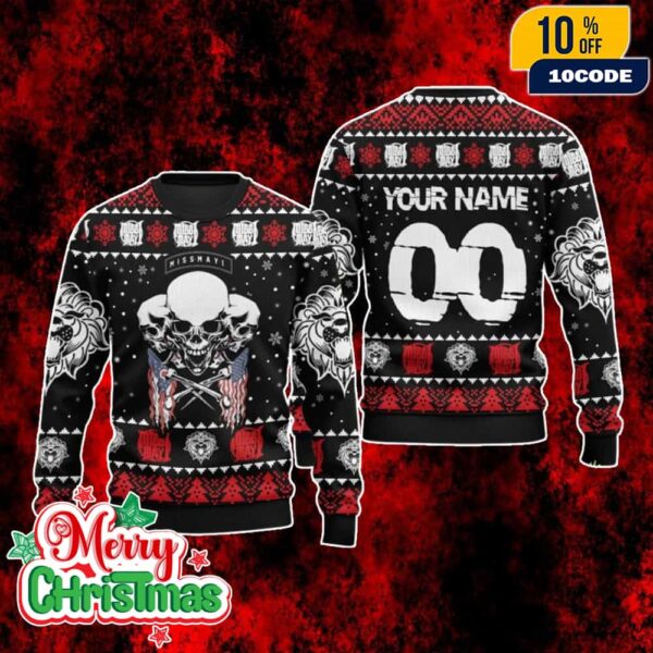 Miss May I Ugly Christmas Sweater Custom Name Knit Pullover Skull And Lion Metal Band Holiday Party Jumper
