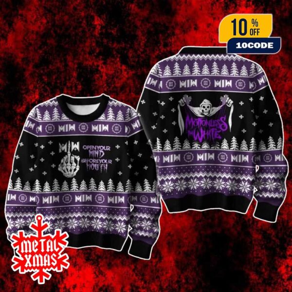 Motionless In White Open Your Mind Before Your Mouth Ugly Christmas Sweater Gothic Holiday Knit for Christmas Parties