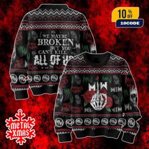 Motionless In White Ugly Sweater Broken But Alive Festive Holiday Knit With Red Rose And Skull Hand Design